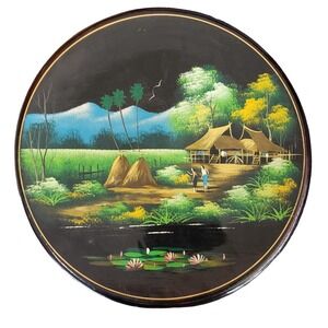 Vintage Japanese Landscape Lacquerware Hand Painted‎ Wood Decorative Plate 10"